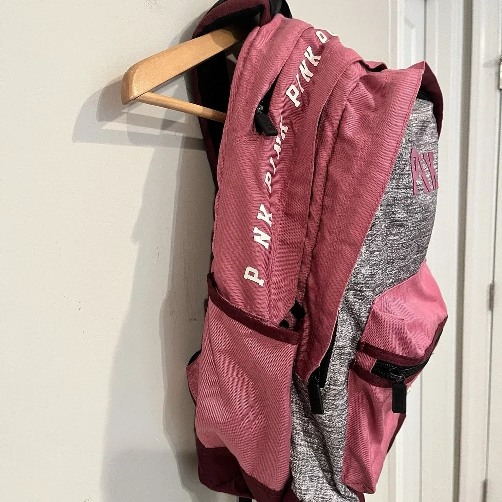 PINK Logo Backpack Pink/Gray/Burgundy Zip Front Pocket Adjustable Straps